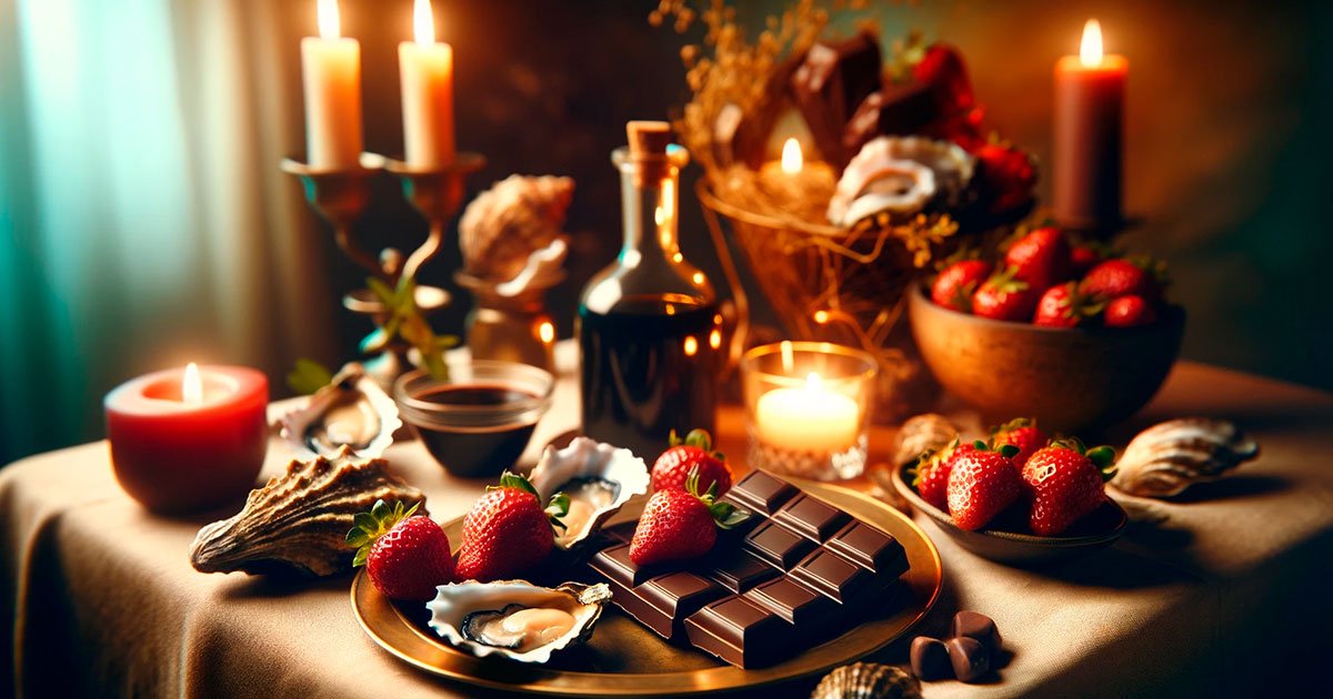 Imagen de distintos alimentos afrodisiacos, mesa con algunas velas