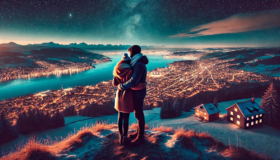 Ilustración de pareja en la cima de Uetliberg contemplando ciudad de Zurich iluminada de noche